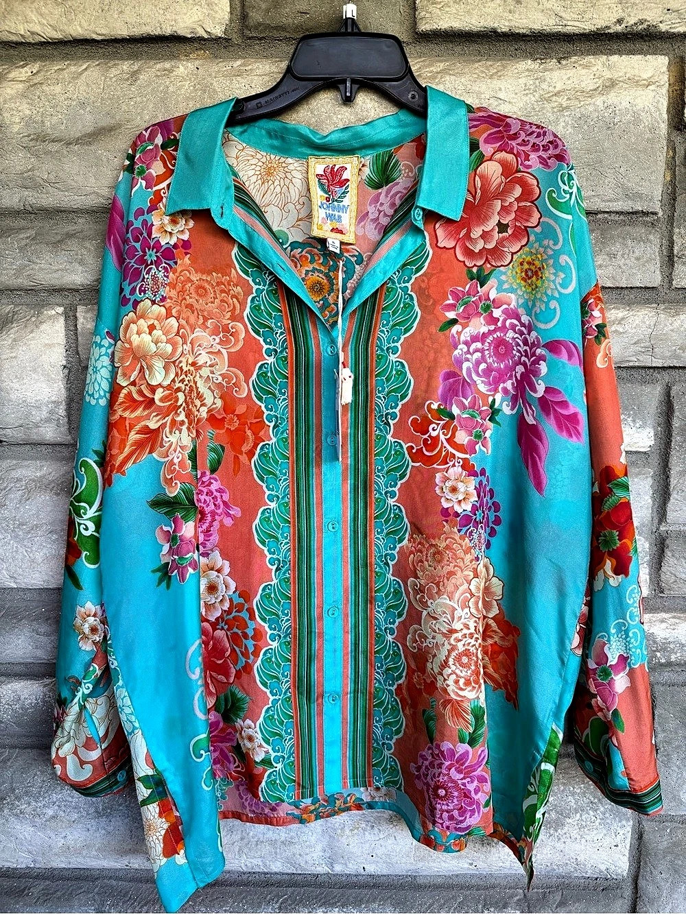 Johnny Was The Audrey Edenia Scarf Print Silk Button-Up Shirt Print Silk Shirt l